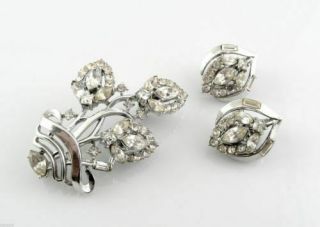 Vintage 1950s Trifari Design Pat Pend Rhodium & Rhinestones Pin & Earrings,  Box