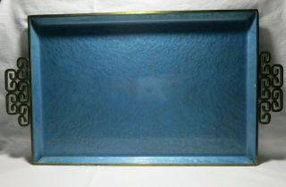 Vintage Kyes Moire Glaze Blue Enamel Tray Rectangular 16 " Brass Trim Hand Hammer