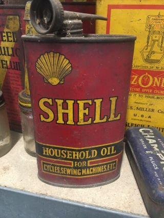 Antique Shell Household Oil Tin Vintage Can Collector Item With Spout