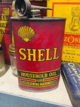 Antique Shell Household Oil Tin Vintage Can Collector Item With Spout 2