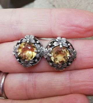 Bernard Instone C1930 Arts And Crafts Silver Flowers And Citrine Earrings - Clips