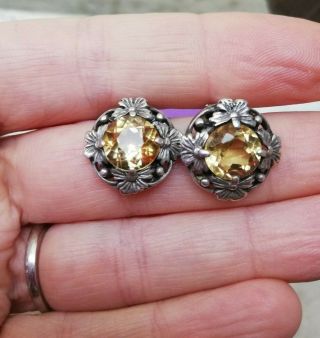 BERNARD INSTONE c1930 Arts and Crafts silver flowers and citrine earrings - clips 3