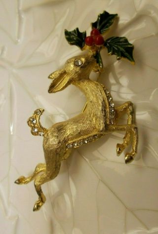 Vintage Hattie Carnegie Rhinestone Pin Brooch Christmas Reindeer Gold Tone