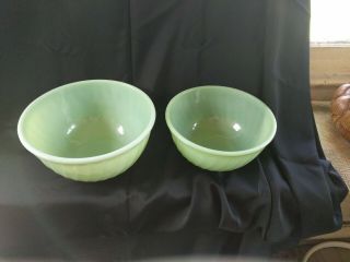2 Vintage Fire King Jade - Ite Swirl Nesting Mixing Bowls 8” And 9” Green Jadite