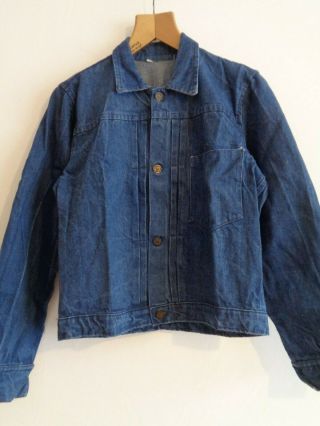 Vtg 50s Style Indigo Denim Work Chore One Pocket Pleat Front Buckle Back Jacket