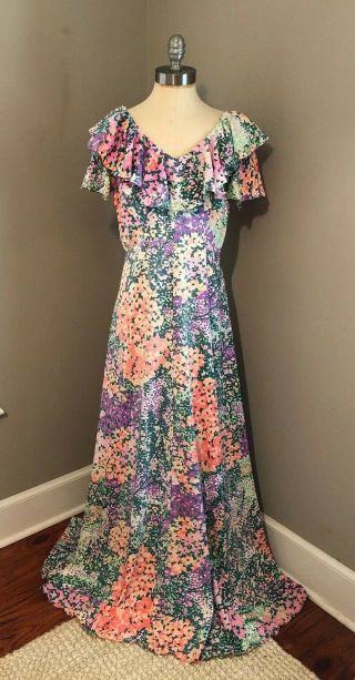 Vtg 70s Floral Maxi Dress Sz M/l Flutter Sleeve Ruffle Empire Waist Flowy Garden