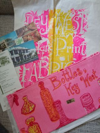 Vtg Key West Hand Print Pink Bottles Towel,  Store Bag,  Postcards,  Adv