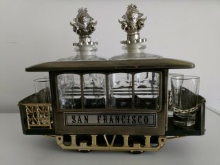 Cable Trolley Car Music Box San Francisco Liquor Decanter 4 Shot Glasses Vintage