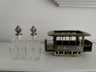 CABLE TROLLEY CAR MUSIC BOX SAN FRANCISCO LIQUOR DECANTER 4 SHOT GLASSES VINTAGE 4