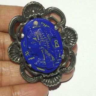 Large Vintage Art Deco Egyptian Revival Silver Tone Czech Blue Glass Pin Brooch