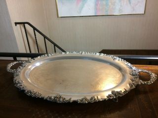 25 " Sheffield Silver Plated Oval Footed Tray Grape Border With Handles