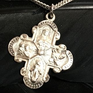 Lovely Vintage Estate Sterling Silver Catholic Saints Cross 24” Long Necklace