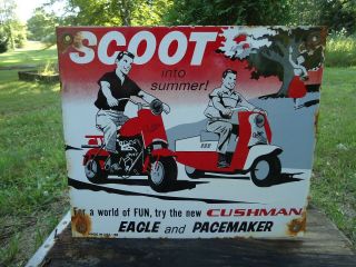Old Vintage 1958 Cushman Scooters Porcelain Enamel Sign