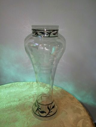 Art Nouveau Sterling Silver Overlay Etched Glass Vase 3