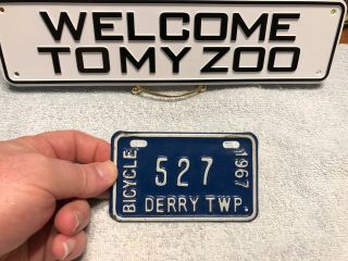 Derry Township Pa Bicycle License Plate Tag 1967 Rare Topper 527 Nos Vintage