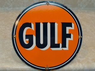 Vintage Gulf Gasoline Porcelain Service Station Gas Oil Sign