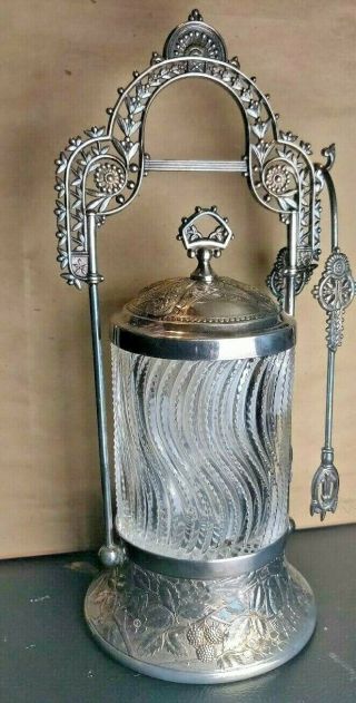 Antique Meriden Silver Plated Pickle Castor W/ Wavy Glass Jar And Hand Tong