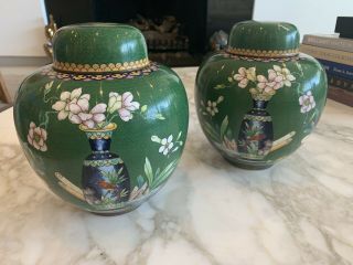 Vintage Pair Japanese Ceramic Enamel Cloisonne Base With Lids