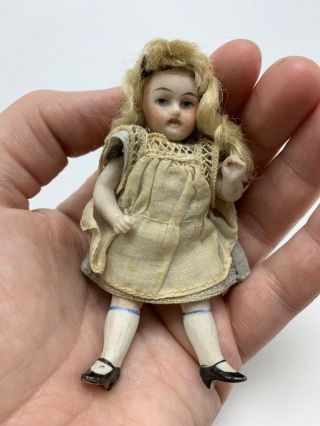 Antique Miniature German Bisque Porcelain Dressed Doll 3.  25”