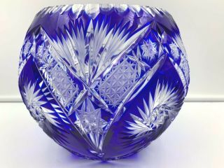 Vintage Cobalt Blue Bohemian Czech Cut To Clear Large Rose Bowl 8 " Vase