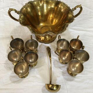 Vintage Punch Bowl Set Brass Gold Metal Silver Plate Ladle 10 Cups Made N Mexico