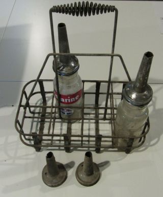 Vintage Glass Oil Bottle Holder W/ 2 Bottles - Polarine & Standard Oil,  2 Tops