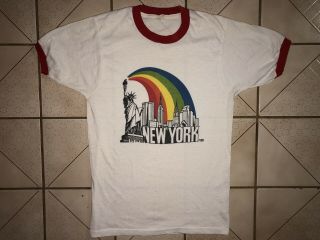 Vtg York City Pride Statue Of Liberty Rainbow Ringer T - Shirt Nyc 80s Thin Sm