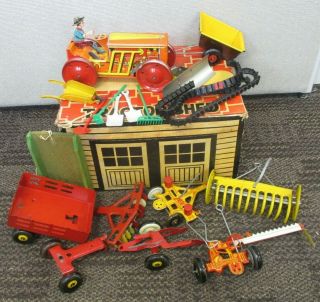Vintage Marx Tractor Shed W/tractor & Farm Implements & Tools W/orig Box