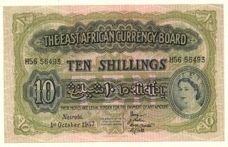 East Africa 10 Shillings - 1957 Queen Elizabeth Ii.  Rare Banknote.