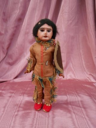 Antique Native American German Bisque Doll Scowl Face 10 "