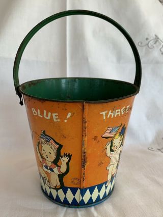 Vtg 1950 ' s T.  COHN Lithographed Patriotic 3 Cheers for /Red/White/Blue Tin Pail 2