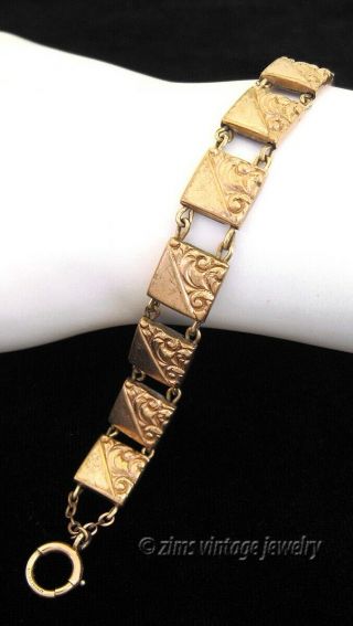 Antique Old Victorian Gold Filled Repousse Swirl Book Chain Panel Link Bracelet