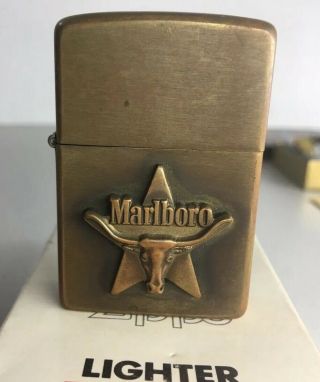 Vintage Marlboro Longhorn Bull And Star Brass Zippo 2