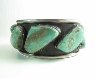 Vintage Navajo Silver & Turquoise Cuff Bracelet With Oxidized Face 79.  9 Grams