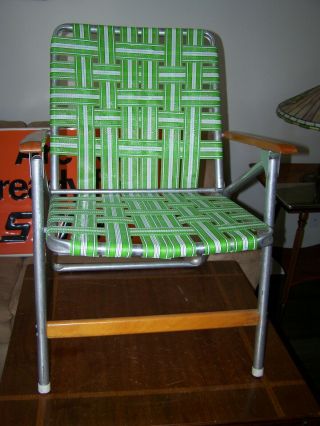 Vintage Folding Aluminium Webbed Lawn Chair Green White Wood Arms Telescope Co.