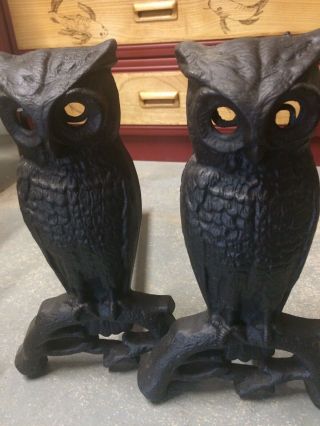 Antique Cast Iron Owl Addirons Fireplace Log Holders Vintage Owls Black