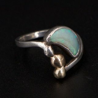 Vtg Sterling Silver & 14k Gold - Opal Stone Crescent Moon Ring Size 4.  25 - 2.  5g