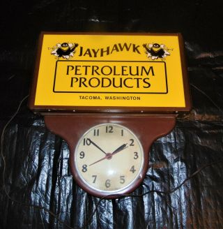 Rare Jayhawk Petroleum Lighted Clock Oil Sign 21in X 21in