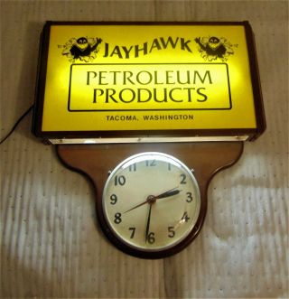 Rare Jayhawk Petroleum Lighted Clock Oil Sign 21in x 21in 5