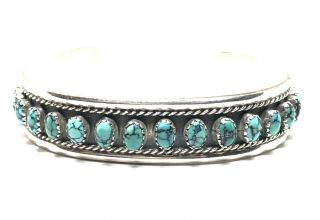 Turquoise Sterling Silver Navajo Spiderweb Row Cuff Bracelet Vtg Sally Yazzie