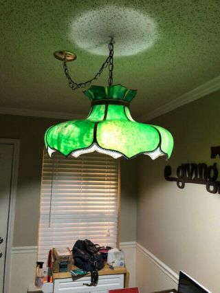 Vintage Tiffany Style Lamp Hanging Ceiling Swag Chandelier Green Stained Glass