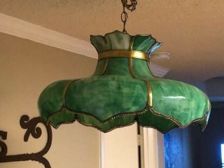 Vintage Tiffany Style Lamp Hanging Ceiling Swag Chandelier Green Stained Glass 2