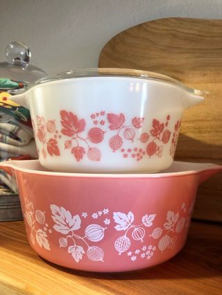 Vintage Pyrex Pink Gooseberry Complete Round Casserole Set 471 472 473 474 475 3