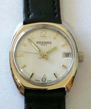 Vtg Hermes Paris Calendar White Dial Nickel Plated Case 1970