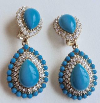 Kenneth J Lane Vintage Earrings Ice Rhinestone & Turquoise Cabochon Chandeliers