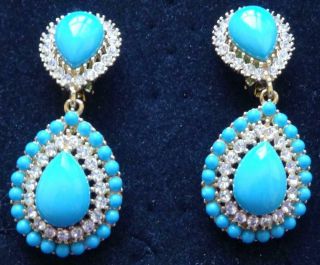 KENNETH J LANE Vintage Earrings Ice Rhinestone & Turquoise Cabochon Chandeliers 2