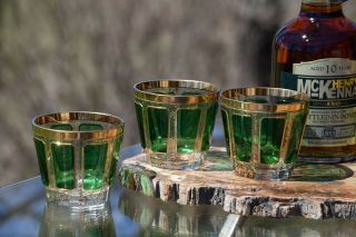 Vintage Crystal Emerald Green And Gold Rocks Whiskey - Bourbon Rocks Glasses