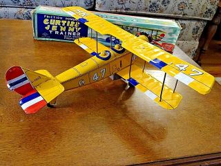 Vintage Friction Power Curtiss Jenny Airplane Tin Aircraft Toy Box