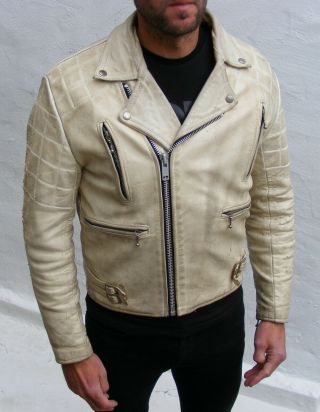 Vintage White Leather Biker Cafe Racer Jacket Mens 38 Small Medium Beatup Punk