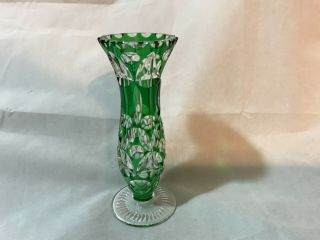 Vintage Bohemian Green Cut To Clear Crystal Footed Bud Vase